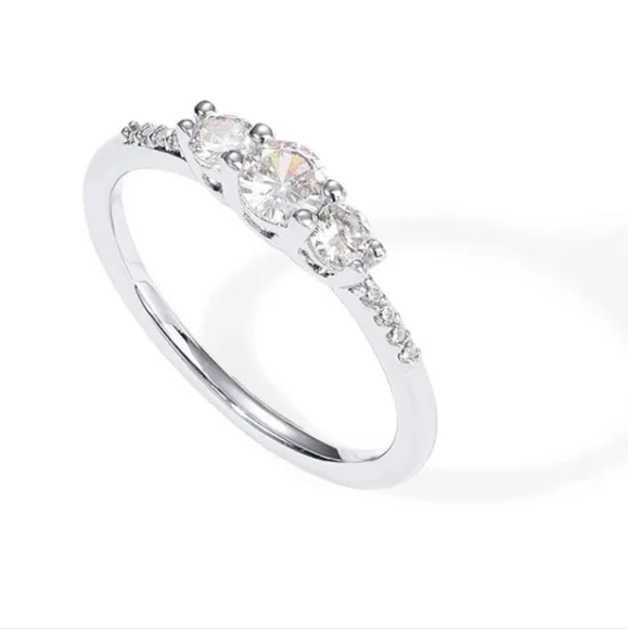 14K Gold Plated Cubic Zirconia Round 3-Stone Ring In White Gold - Picture 1 of 5
